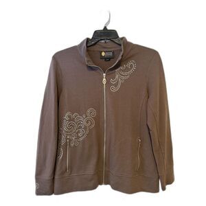 Christine Alexander XL Brown Bedazzled Zip Up - Floral Motif